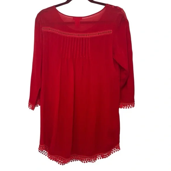 Sundance Red Bohemian Silky Lace Trim 3/4 Tab Sleeves Tunic Top Women’s Small - Picture 9 of 10